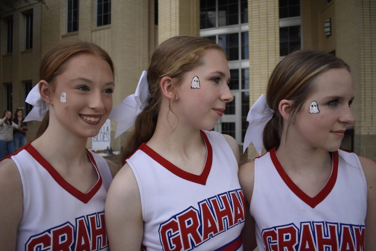 JV Cheerleaders show off face paint. 